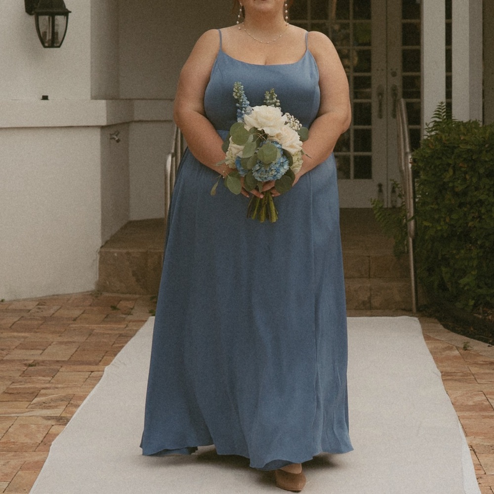 David's Bridal Crepe-Back Satin Spaghetti Strap Dress - Steel Blue